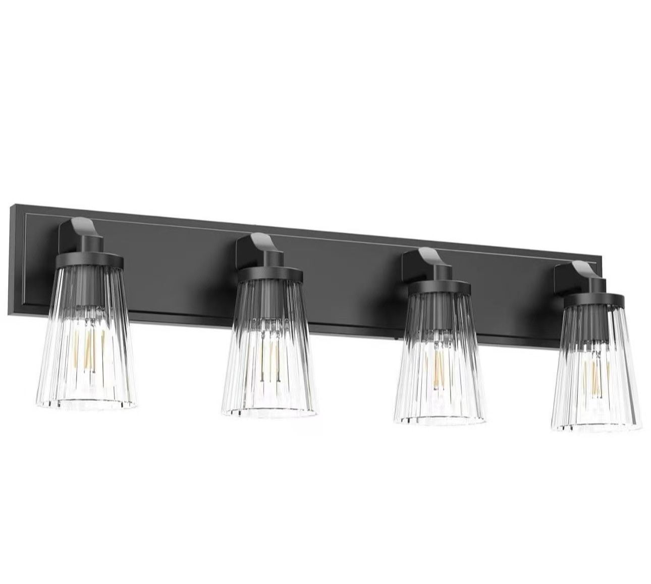 Black Bathroom Vanity Light, 4 Light Bathroom Light Fixtures with Grooved Glass Shade, Matte Black Vanity Lights for Bathroom, Lighting Fixtures Over