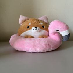 shiba inu in flamingo floatie plushie