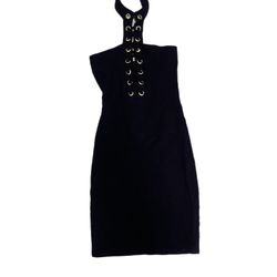 Black Mini Dress with Gold Grommet Detail