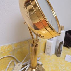 Vintage Brass Lighted Makeup Mirror – Swivel Pedestal