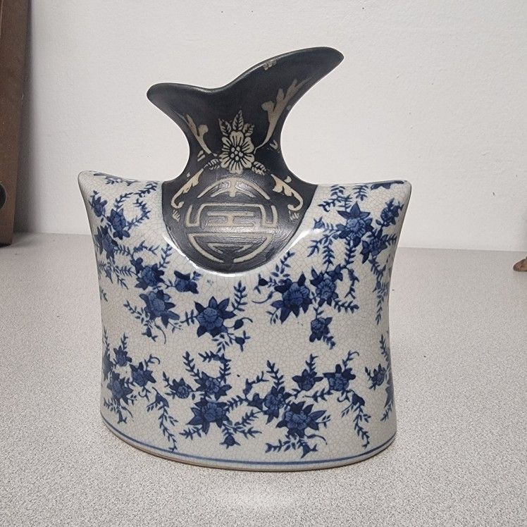 Oriental Blue & White Ceramic Vase with Calligraphy & Floral Motif, 9"