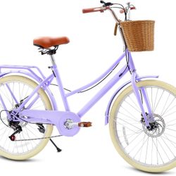 Kids Bike, Retro Cruiser Bike for Girls, 20 24 Inch 7-Speed Kids Bicycles for Ages 6-14 Girls Youth with Rattan Basket, Dual-Disc Brake Carbon Steel F