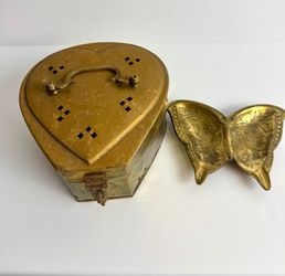 Vintage Brass Heart Trinket Box Butterfly Dish Jewelry Keepsake Set