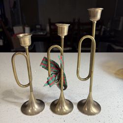 3  Vintage Brass Horn Candlesticks Slender Tapered Candle Holders 