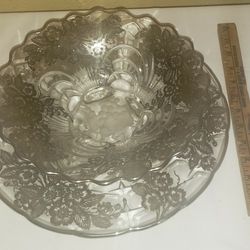 Vintage Silver City Flanders Poppy Sterling Silver Overlay Crystal Footed Bowl & Platter Like New
