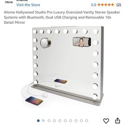 iHome Hollywood Studio Pro Luxury Oversized Vanity Stereo Speaker Systems with Bluetooth, Dual USB Charging and Removable 10x Detail Mirror