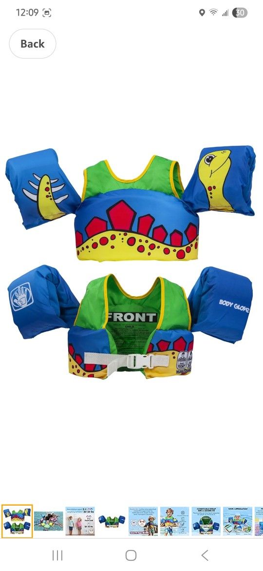 Body Glove Paddle Pals Learn to Swim Life Vest, One Size 33-55 LBS, Dinosaur