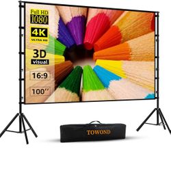 Projector Screen and Stand,Towond 100 inch Projection Screen Outdoor Indoor, Portable 16:9 4K HD Rear Front Movie Screen with Carry Bag Wrinkle-Free D