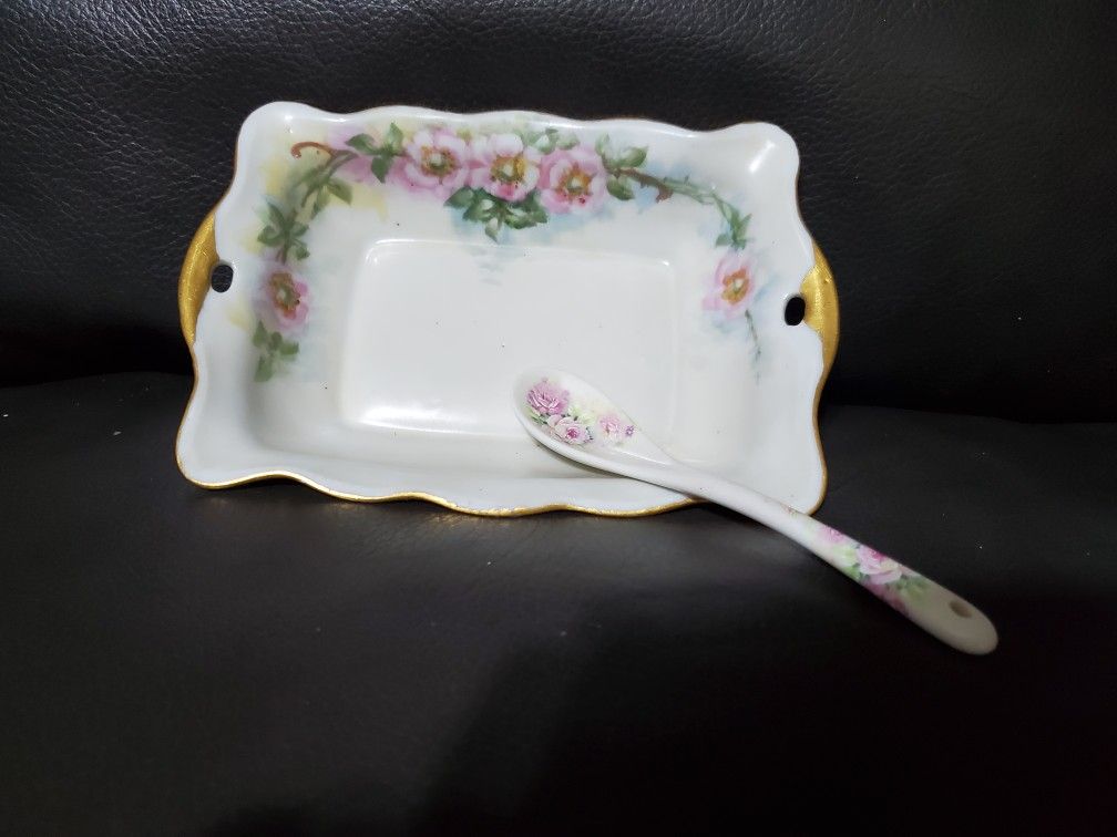 Small VTG Floral Tray And Spoon W/Inscription