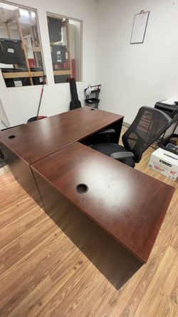 L-Shaped Office Desk in Cherry Wood Finish and chair