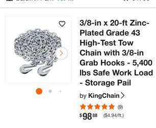 KingChain 3/8" x 20' High Test Tow Chain with Grab Hooks