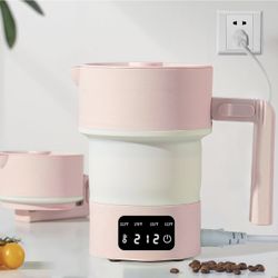 Travel Electric Kettle-Collapsible Portable Electric Kettle, 600W Foldable Small Water Boiler with 4-Temp Presets, Food Grade Silicone for Hotel, Offi