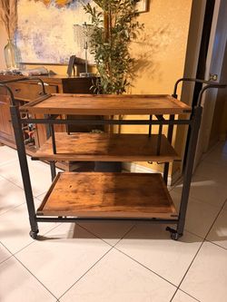 Wood 3 tiered roll around bar cart with wheels