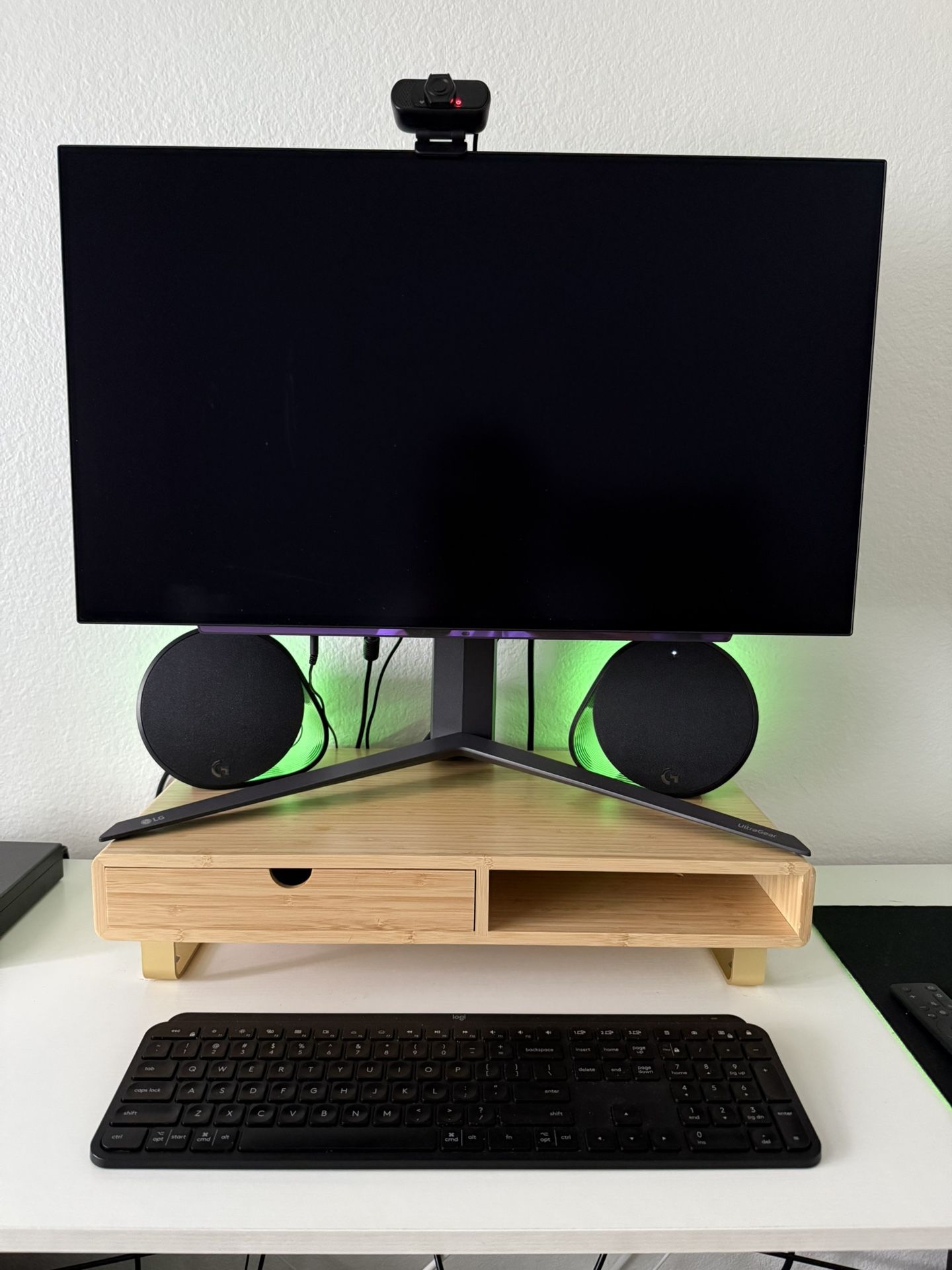 Bamboo Monitor Stand with Wireless Charging, Drawer & Storage – Threshold
