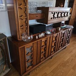 Midcentury wood carved Pattern Bar and Entertainment center with Speakers