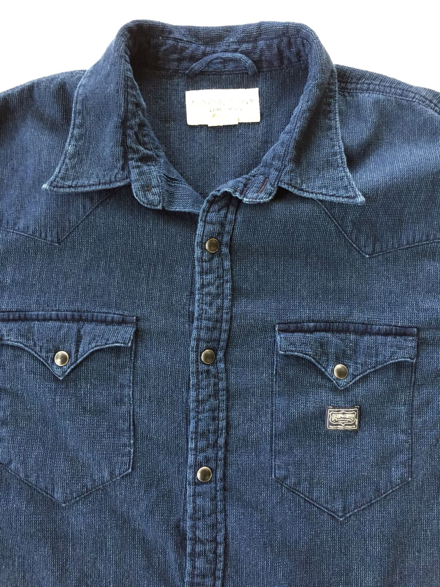 LIKE BRAND NEW. RALPH LAUREN POLO DENIM SHIRT. WESTERN SNAP. TOUGH AND COMFORTABLE. SAVE.