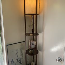 Round Shelf Floor Lamp, Walnut Wood Finish
