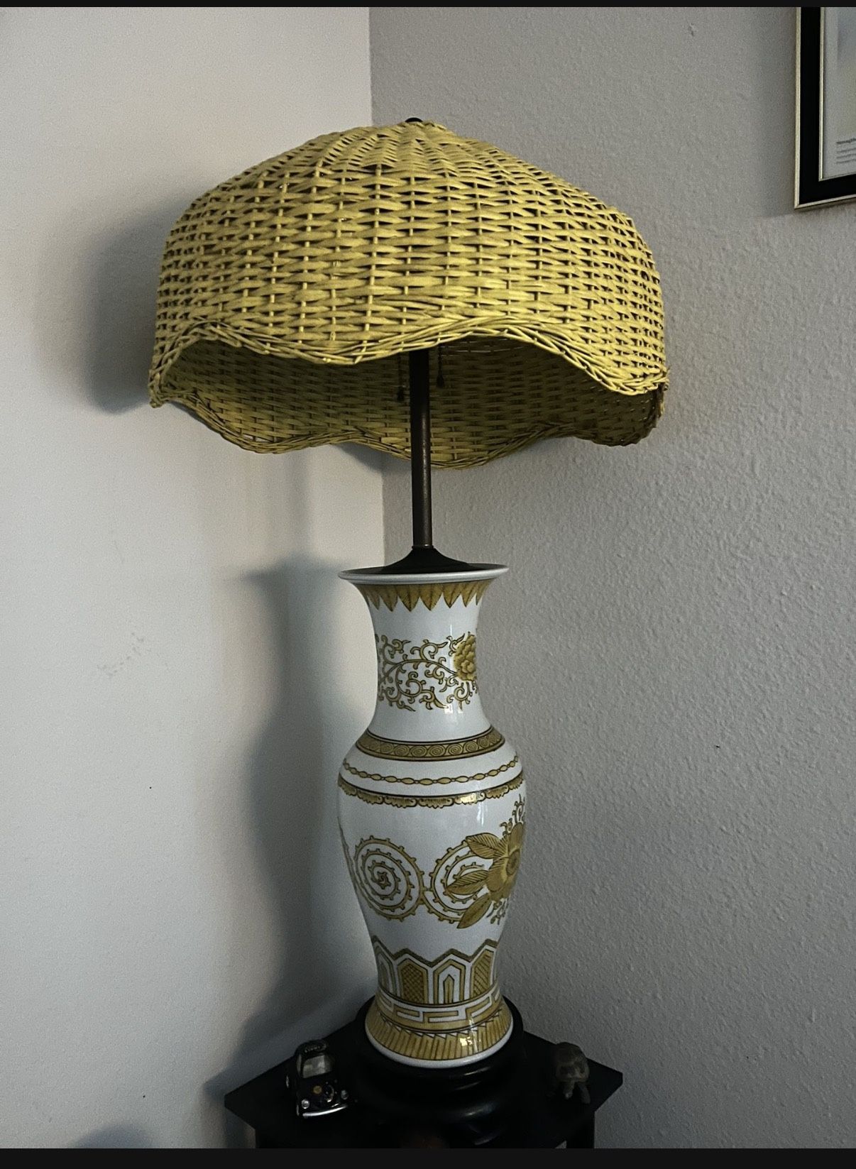 Vintage Yellow Wicker Lamp
