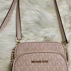 Michael Kors Blush Pink Logo Crossbody Bag Gold Chain Double Zip Compartments