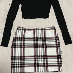 White/black/red Plaid Skirt And Off-the-shoulder Long Sleeve Crop top 