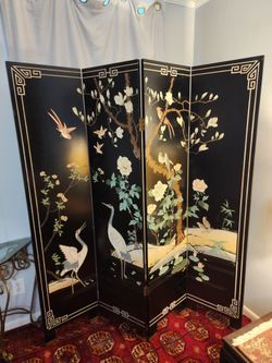 asian carved and painted wood screen