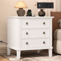 White Nightstand with 3 Drawers and Charging Station