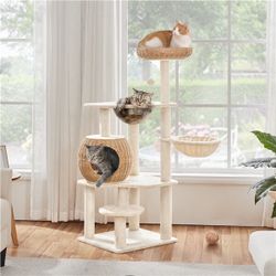 54″ Tall Rattan Cat Tree, Beige