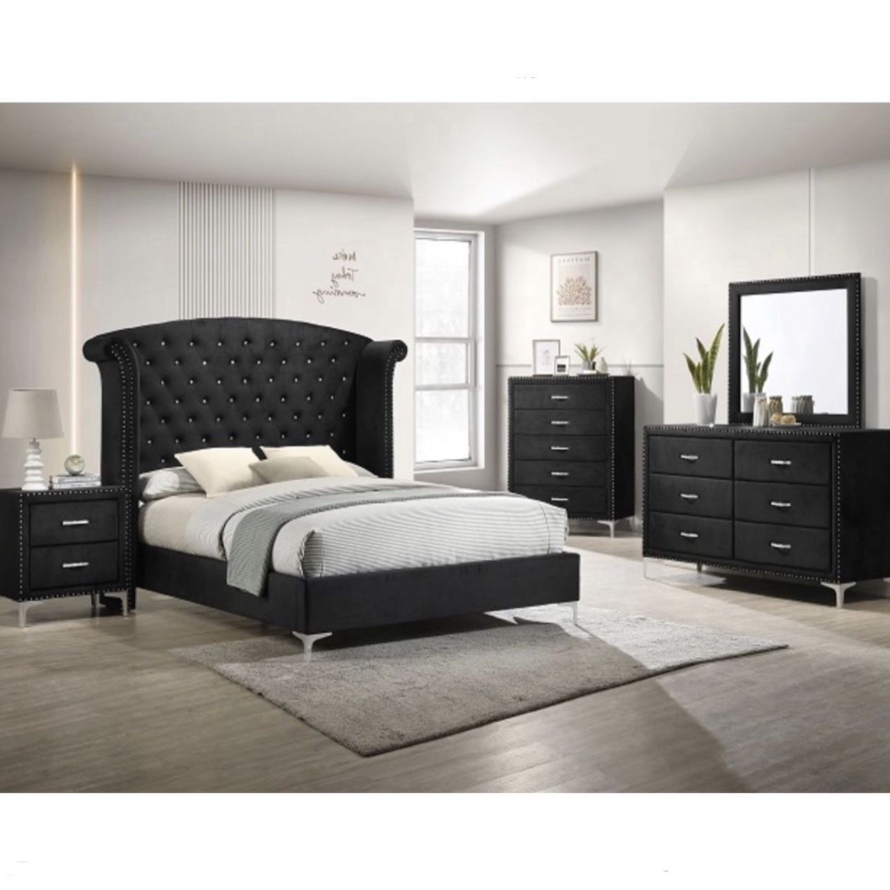 Bedroom set 4pc Queen including  Q Bed Frame Dresser Mirror one Nightstand  Not including mattress and box spring 