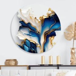 Brand New Abstract Geode Gold & Blue Round Art $399 NEW BNIB 