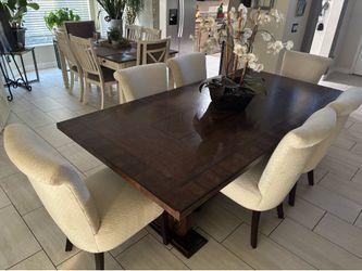 Wood trestle dining table and 6 chairs