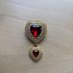 Victoria’s Secret double heart gold tone pin brooch  red and clear stones  2.5”