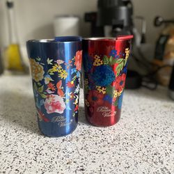 The Pioneer Woman Tumbler 18 oz Blue And Red Fiona Floral Stainless Steel Travel w/ Lid