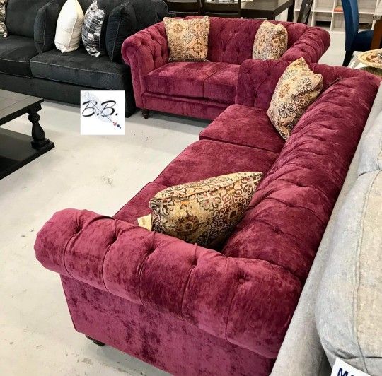 Brand New Living Room 💥 High Quality Brooks Mullberry Red Colored Sofa Couch And Loveseat Living Room Set| Comfy Couch| 