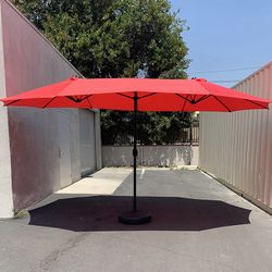 (Brand New) $130 Large Double Sided Outdoor (15ft Umbrella and 65lbs Plastic Base set) Colors Red/Gray