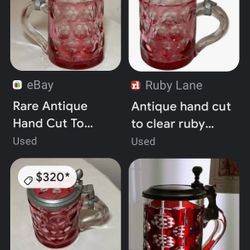 Blown Ruby Glass Antique Stein or Mug Pewter 