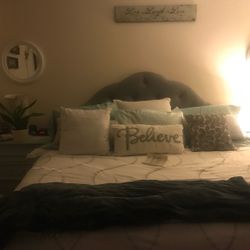 Gray Upholstered Tufted King Headboard – Excellent Condition