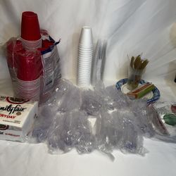 Disposable cups plates cutlery napkins