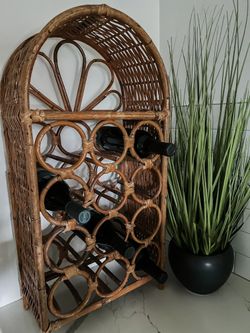 MCM Mid Century Bamboo and Wicker Wine Rack 12 Bottles with Shelf and Floral Patter, 1970s