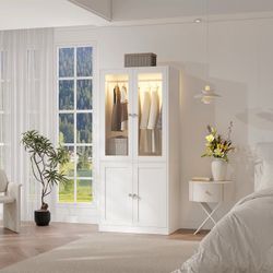 74.8" H 2-Glass Door Wardrobe Armoire, Wardrobe Closet With Smart LED Light, Hanging Bar, And 2 Storage Shelves