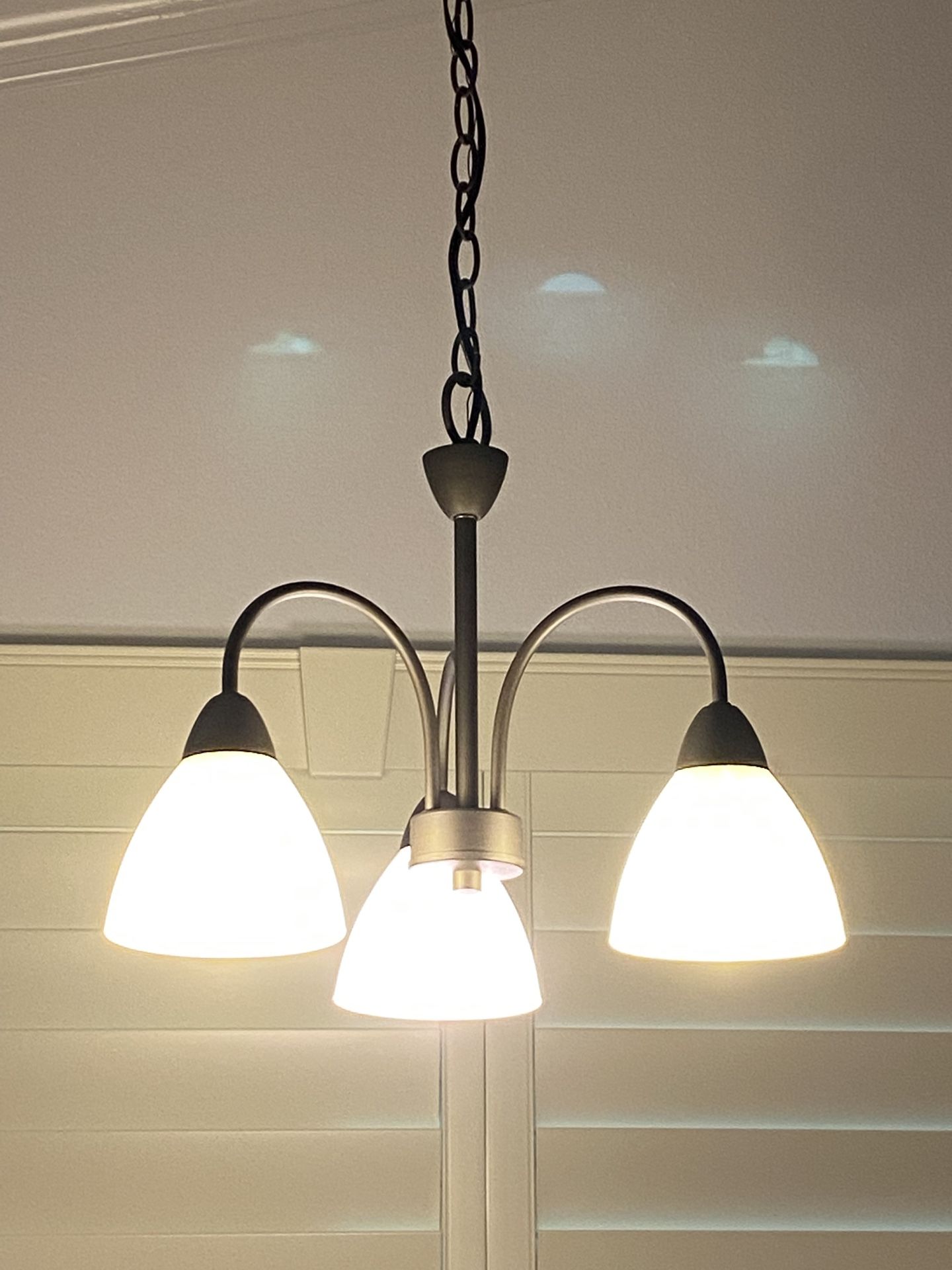 3 Light Oil- Rubbed Bronze Chandelier. Frosted Glass Shades. D18.9”. Bulbs Included. Like New!