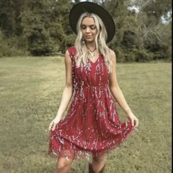Brand New Southern Fried Chics Red & Gold Sequined Dress - Size XL