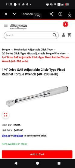 Snap on Tools automotive essentials 1/4" Drive SAE Adjustable Click-Type Fixed Ratchet Torque Wrench (40-200 in-lb)