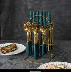 24-Piece Thick Stainless Steel Gold Flatware Set with Stand – Marble Handle Steak Knife, Fork & Spoon