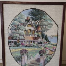 Framed Cottage Core Cross Stitch Needle Point Art 