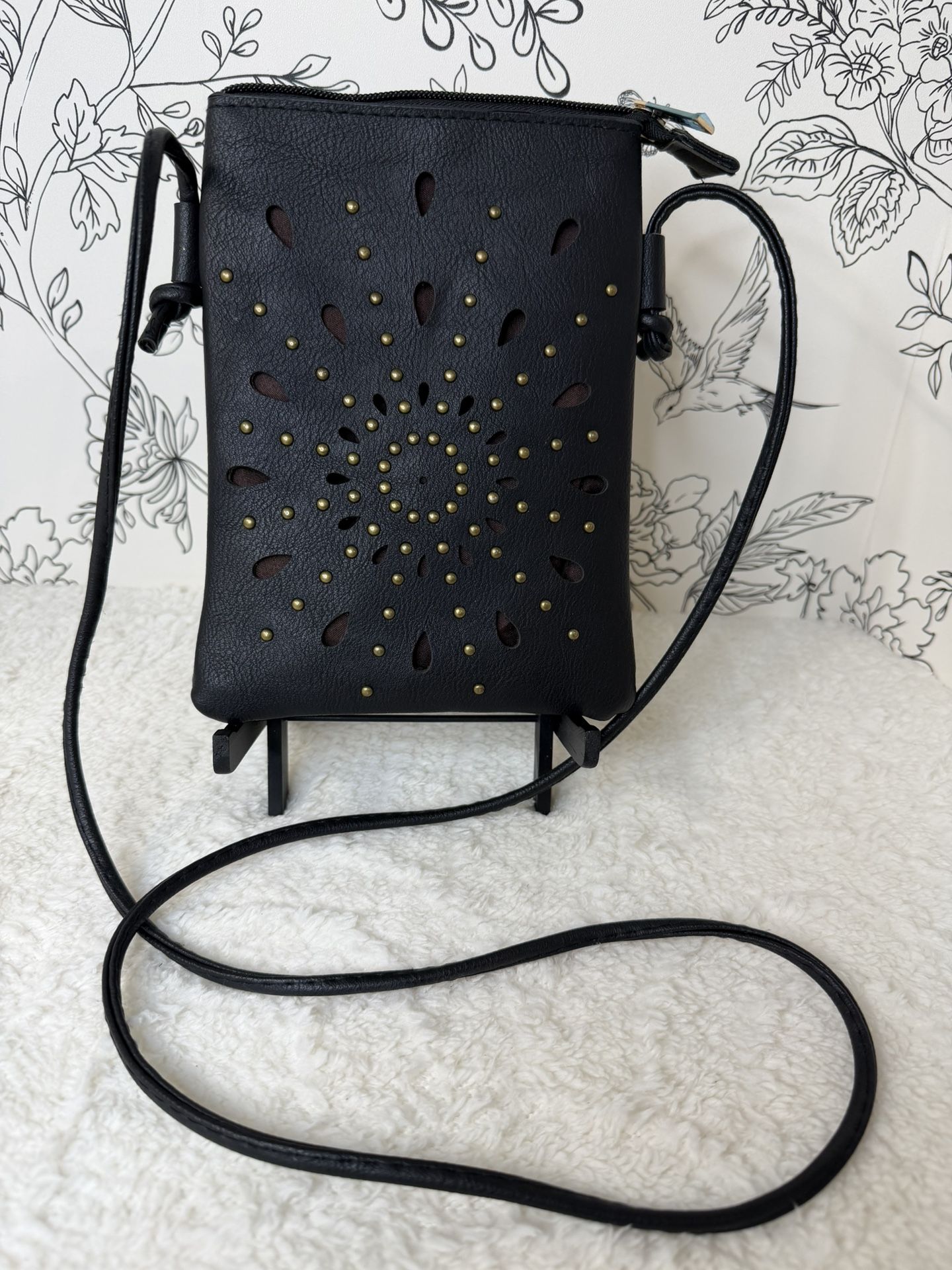 Mini Shoulder/Crossbody Bag with Flower Cutouts and Rivets- Black