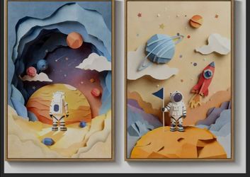 Framed Space Astronaut Wall Art for Kids Room, 2 Piece 16x24 In