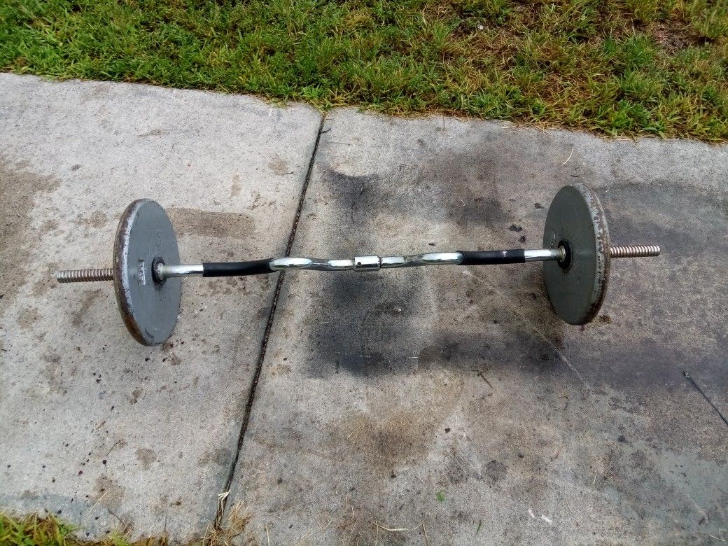 Steel curl bar with 50 lb weights