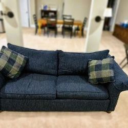 Navy Sofa (90”) And Matching Chair With Ottoman & 2 Pillows 