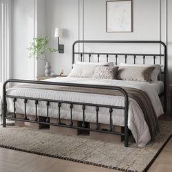 King Size Classic Metal Platform Bed Frame Mattress Foundation with Victorian Style Iron-Art Headboard/Footboard/Under Bed Storage/No Box Spring Neede