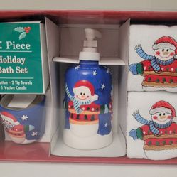 Christmas Snowman Embroidered Towels & Ceramic Lotion Pump Candle 4 Pc Bath Set